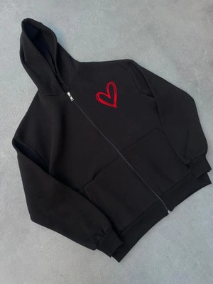 Lune Store Üç Iplik Baskılı Fermuarlı Kapşonlu Hırka - Siyah