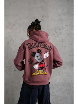 Lune Store Erkek Üç Iplik Baskılı Kapüşonlu Sweat - Gül Kurusu