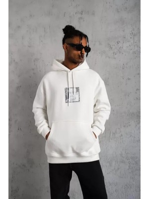 Lune Store Erkek Ön Arka Baskılı Kapşonlu Sweat - Beyaz