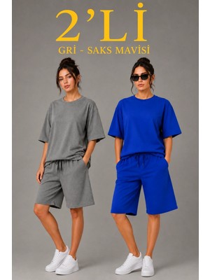 Marsilyan Kadın 2’li Oversize Tişört Şort Takım Seti Yazlık Iki Iplik Kumaş - Gri, Saks Mavisi