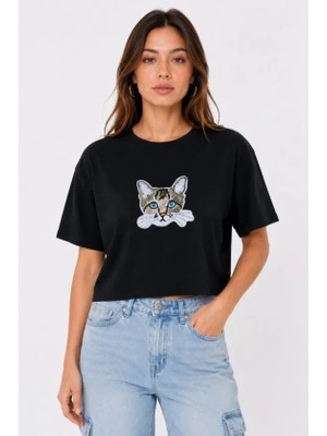 Lune Store Kedi Baskılı Oversize Crop Tişört Salaş Basic Yarım Kol T-Shirt - Siyah