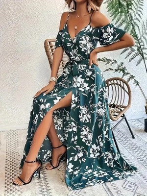 Lune Store Kadın Ip Askılı Kısa Kollu Kruvaze Yakalı Yırtmaçlı Desenli Süprem Elbise