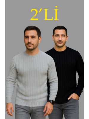 Lune Store Erkek Fitilli Triko Kazak 2’li Set – Siyah - Gri, Kalın Dokuma Pamuklu Regular Fit Bisiklet Yaka Uzun Kollu Rahat Kışlık Kazak Kombini
