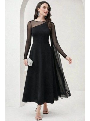 Lune Store Kadın Uzun Kollu Yarı Balıkçı Yaka Tül Detaylı Uzun Sandy Elbise