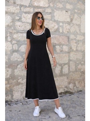 Lune Store Kadın Kısa Kollu Yuvarlak Yakalı Yakası Renkli Kiloş Midi Viskon Elbise