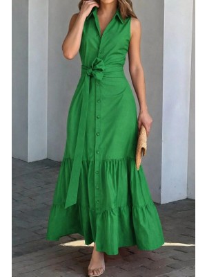 Lune Store Kadın Kolsuz Yaka Onu Düğmeli Belden Kuşaklı Uzun Trikoton Elbise