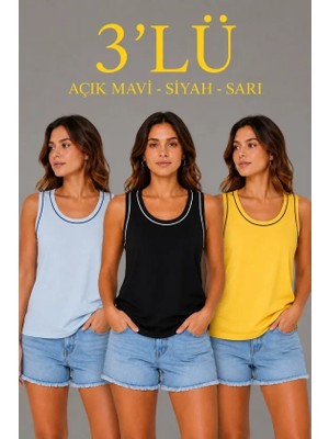 Lune Store 3’lü Kolsuz Sporcu Atlet Seti Yazlık Bisiklet Yakalı - Sarı, Siyah, Bebe Mavisi