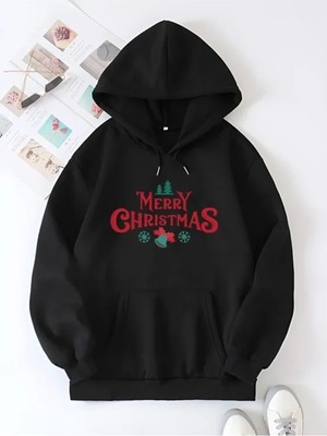 Lune Store Yılbaşı Merry Christmas Baskılı Oversize Kapüşonlu Sweatshirt Hoodie - Siyah