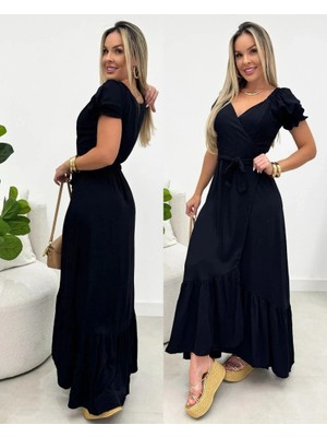 Lune Store Kadın Kısa Kollu Önden Kruvaze Detaylı Uzun Trikoton Elbise