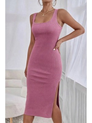 Lune Store Kadın Askılı Kare Yaka Yandan Yırtmaçlı Midi Kaşkorse Elbise
