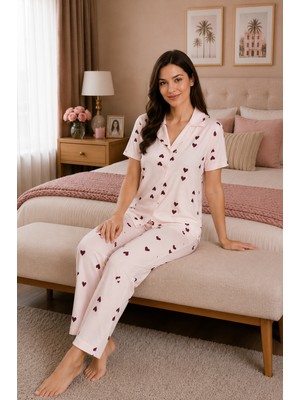 Ebru Tesettür Desenli Düğmeli Pijama Takımı Pudra