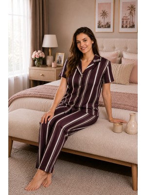Ebru Tesettür Desenli Düğmeli Pijama Takımı Mürdüm