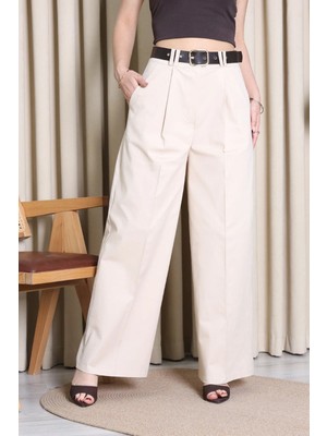 Modi Kemerli Pamuk Gabardin Wide Leg Pantolon Krem - 32428.1397.