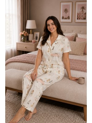 Ebru Tesettür Desenli Düğmeli Pijama Takımı Taş
