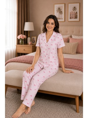 Ebru Tesettür Desenli Düğmeli Pijama Takımı Toz Pembe