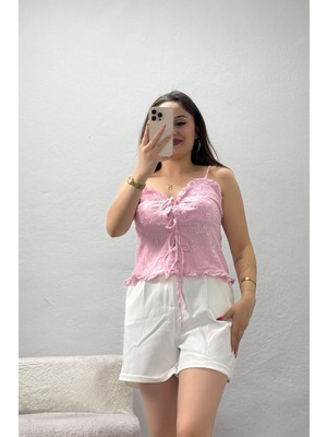 Modi Vintage Bağlamalı Güpür Bluz Pembe - 75208.2122.
