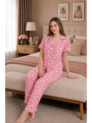 Ebru Tesettür Desenli Düğmeli Pijama Takımı Pembe