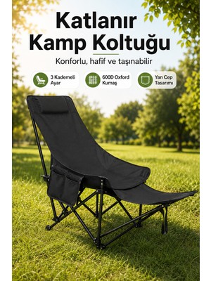 Allmart Katlanır Kamp Sandalyesi, Oturma Veya Uzanma Pozisyonunda Kullanılabilir, Çok Pozisyonlu Ayarlanabilir, Siyah.