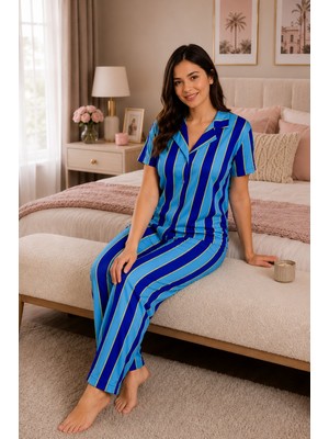 Ebru Tesettür Desenli Düğmeli Pijama Takımı Saks