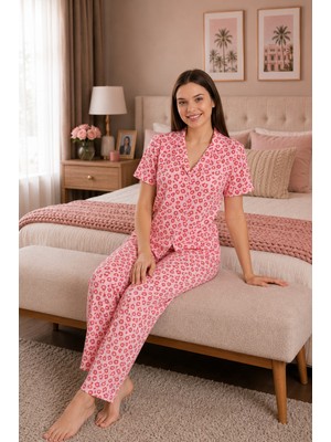 Ebru Tesettür Desenli Düğmeli Pijama Takımı Pembe-Kırmızı