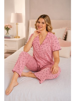 Ebru Tesettür Desenli Düğmeli Pijama Takımı Koyu Pembe