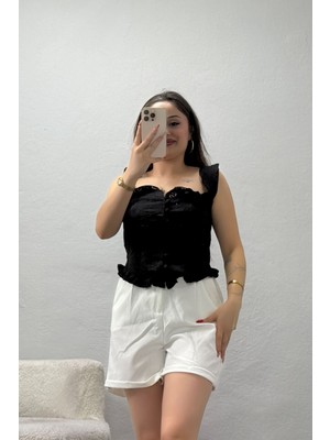 Modi Vintage Düğmeli Güpür Bluz Siyah - 75207.2122.