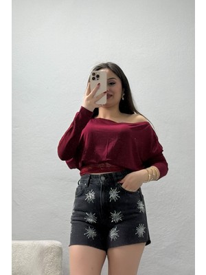 Modi Viskon Asimetrik Yaka Dantelli Bluz Bordo - 52253.1857.