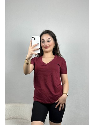 Modi V Yaka Kompak Lüx Penye Tişört Bordo - 4001.1878.
