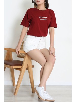 Modi Suprem Nakışlı Oversize Tişört Bordo - 31880.1878.