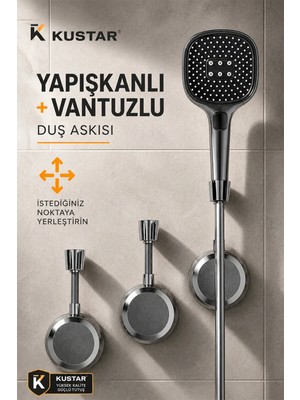 Kustar Yapışkanlı Vantuzlu Duş Askısı | Delmeden Montaj | Ayarlanabilir Duş Başlığı Tutucu | Duş Hortumu Tutucu