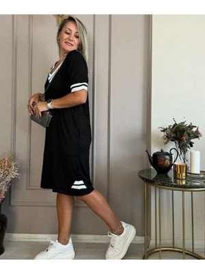 Passense Kadın Kısa Kollu V Yaka Ribana Detaylı Cepli Dizüstü Viskon Elbise