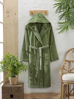 Semecca Lara Yeşil Pamuklu Kadife Kapüşonlu Unisex Bornoz