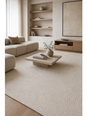 Novax Geometrik Beyaz Kaymaz Taban Yıkanabilir Salon Halısı