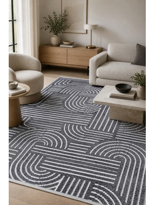 Zelve Geometrik Antrasit/beyaz Kaymaz Taban Yıkanabilir Salon Halısı