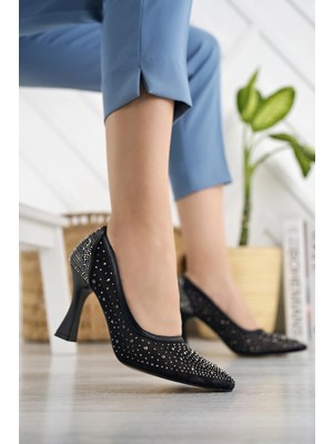 Nesil Shoes Elva 150 Siyah Tül Üzeri Taşlı Topuklu Kadın Stiletto