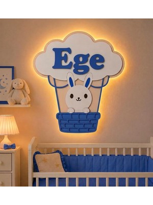 Runc Design Kişiye Özel Isimli Uçan Tavşan LED Işıklı Ahşap Duvar Dekoru & Gece Lambası