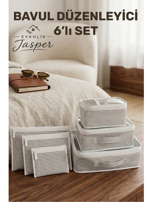 Jasper 6'lı Valiz Bavul Düzenleyici Seyahat Çantası Organizer Hurç Set Fermuarlı Gri Çizgi