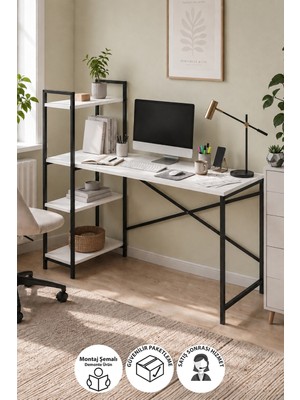 Bofigo 120X55 cm Raflı Çalışma Masası Bilgisayar Masası Ofis Masası Ders Masası Cervantes Beyaz