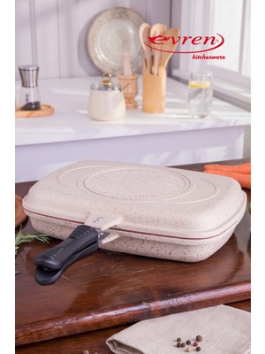 EVREN MUTFAK 34 cm Cream Ikiz Grill Tava, Çift Taraflı Izgara Grill Pan