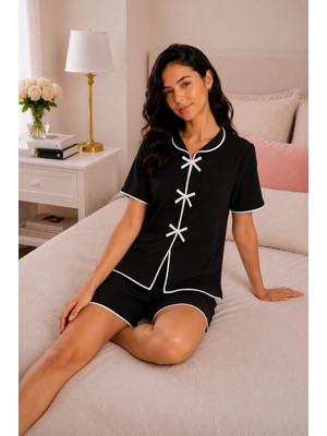 Ebru Tesettür Fiyonk Detay Şortlu Pijama Takımı Siyah