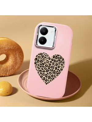 HONTINGA Vivo Y77T 5g ile Uyumlu Kılıf Kamera Korumalı Düşüme Önleyici Kamera Koruyucu Pembe Yumuşak Silikon Couple Telefon Kılıfı Leoparlı Kalp Desenli K4-0440