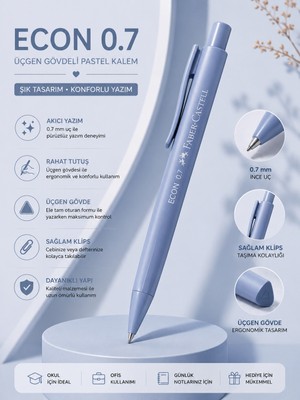 Faber-Castell Econ 0.7 Pastel Uçlu Kalem Silgili | Üçgen Gövde, Silgili, Ergonomik Tutuş, Okul Ofis ve Günlük Kullanım