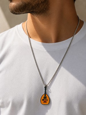 Herşey Nota Ud Figürlü Kolye Paslanmaz Çelik Zincirli 60 cm Unisex Müzik Kolyesi 5 × 2 cm