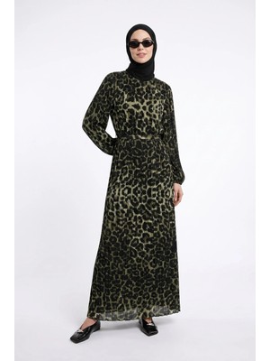 Armine Trend Leopar Desenli Şifon Elbise Siyah 24KT907