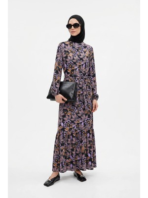Armine Trend Beli Kuşaklı Manşeti Lastikli Desenli Elbise Mor 25YT909