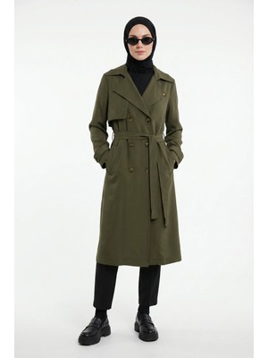 Armine Trend Belden Kuşaklı Aller Detaylı Tencel Kumaş Trençkot Haki 26YTD714