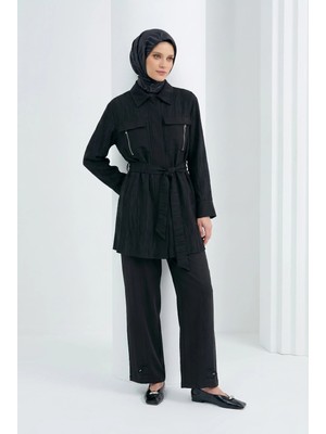 Armine Trend Avenna Gizli Fermuarlı Belden Kuşaklı Cepli Pantolonlu Ikili Takım Siyah 26YA626