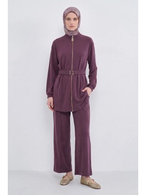 Armine Trend Boydan Fermuarlı Beli Kemerli Pantolonlu Ikili Takım Mürdüm 26YT6138
