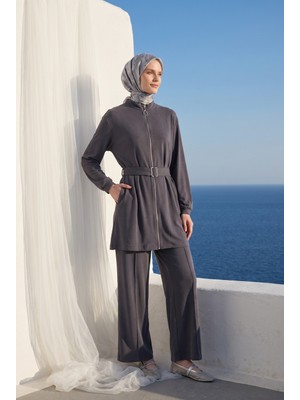 Armine Trend Boydan Fermuarlı Beli Kemerli Pantolonlu Ikili Takım Lacivert 26YT6138
