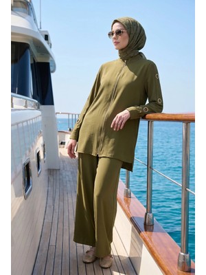 Armine Trend Kolları Halka Detaylı Boydan Fermuarlı Pantolonlu Ikili Takım Yağ Yeşili 26YT672